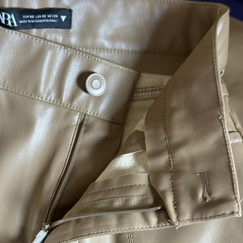 Zara Camel High-Waisted Faux Leather Flare Pants Chic Retro Wide Leg Trousers-XS - Picture 13 of 14